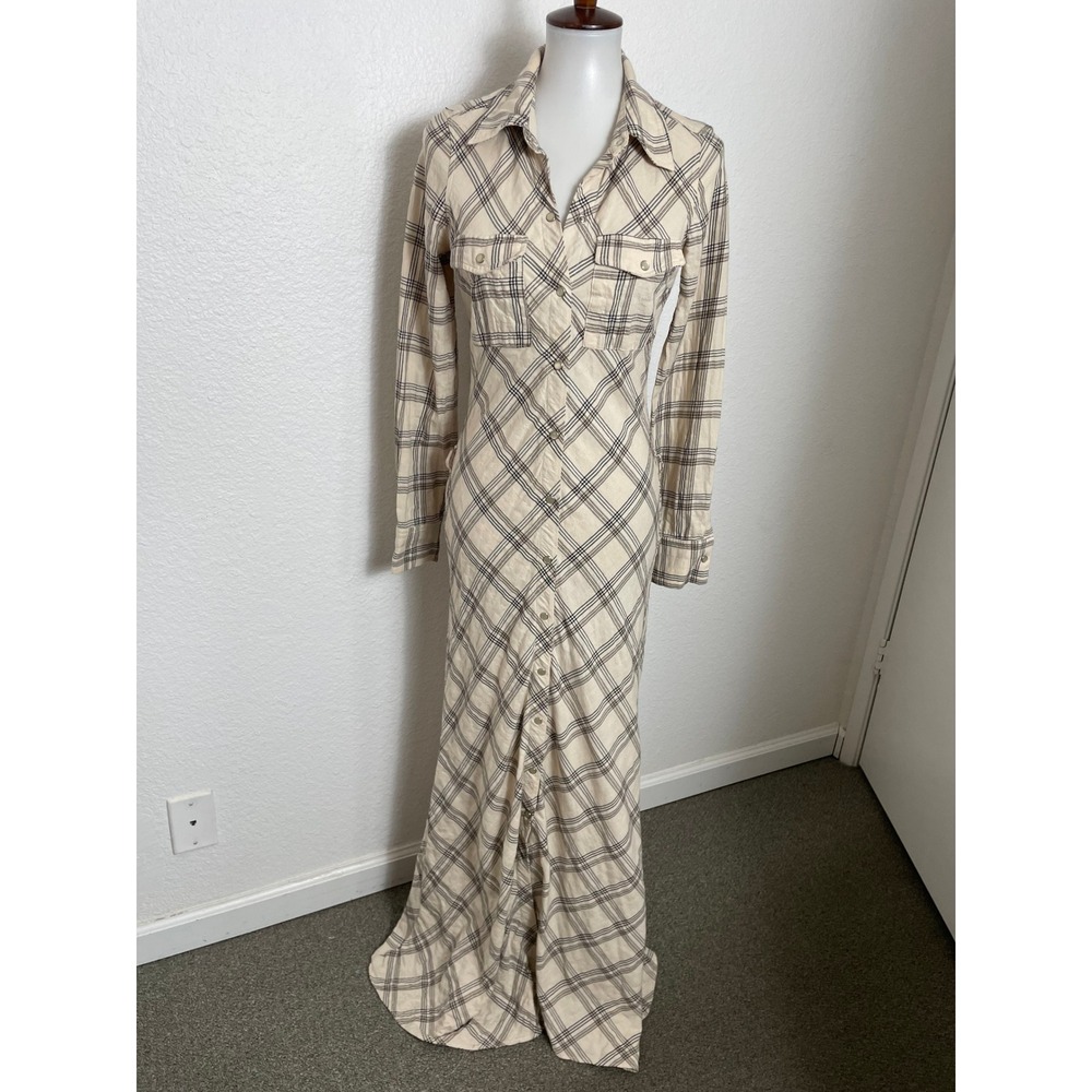Zara Plaid Maxi Shirt Dress Women M Cowgirl Western Academia Flannel Neutral